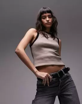 Облегающая футболка без рукавов Topshop цвета хаки с контрастной ребристой деталью