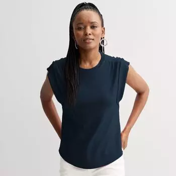 Облегающая футболка с круглым вырезом и сборками Nine West, цвет sky captain