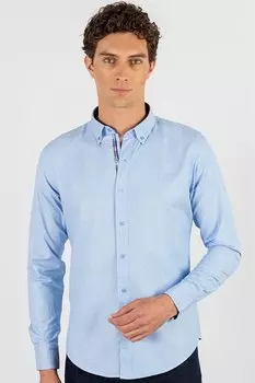 Облегающая хлопковая однотонная мужская рубашка легкого глажения синяя рубашка TUDORS, синий