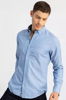Облегающая хлопковая однотонная мужская рубашка легкого глажения синяя рубашка TUDORS, синий