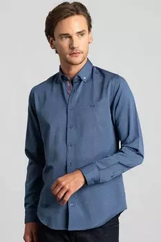 Облегающая хлопковая простая мужская однотонная рубашка темно-синего цвета TUDORS, темно-синий