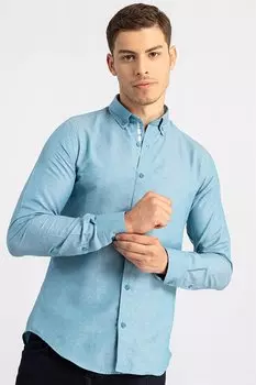 Облегающая хлопковая простая мужская рубашка бирюзового цвета, которую легко гладить TUDORS, бирюзовый
