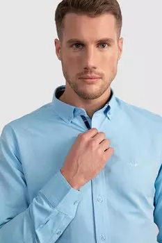 Облегающая хлопковая простая мужская рубашка бирюзового цвета, которую легко гладить TUDORS, бирюзовый