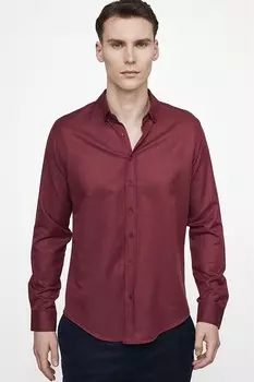 Облегающая хлопковая простая мужская рубашка бордового цвета с легкой глажкой TUDORS, бургундия