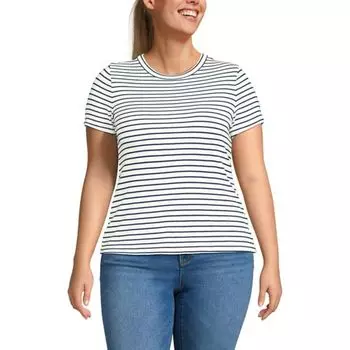 Облегающая мини-футболка с коротким рукавом и ребристой драпировкой больших размеров Lands' End, цвет ivory navy stripe