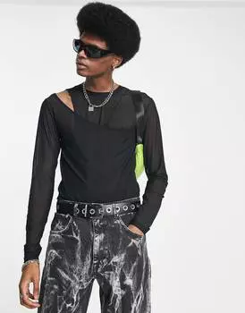 Облегающее боди с длинными рукавами ASOS DESIGN из многослойной черной сетки с вырезом