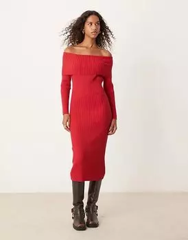 Облегающее макси-трикотажное платье с открытыми плечами красного цвета Glamorous