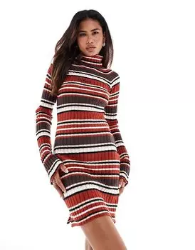 Облегающее платье-джемпер с высоким воротом в ретро-розово-коричневую полоску Kickers