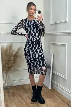 Облегающее платье из сетки с длинными рукавами и принтом Jolie Moi, черный