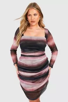 Облегающее платье из сетки с принтом Plus boohoo, фиолетовый