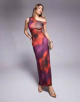 Облегающее платье макси с открытыми плечами в фиолетово-красный размытый цветочный принт Missyempire