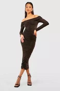 Облегающее платье мидакси с длинными рукавами Bardot boohoo, коричневый