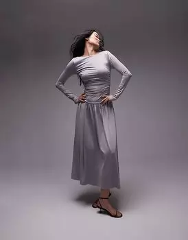 Облегающее платье мидакси с длинными рукавами и сборками в сером цвете Nia