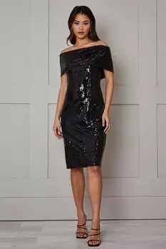 Облегающее платье миди Bardot с пайетками Chi Chi London, черный