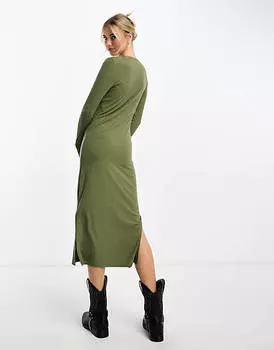 Облегающее платье миди цвета хаки с овальным вырезом Pieces