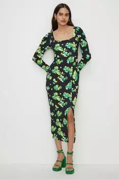 Облегающее платье миди из джерси с цветочным принтом и завязками Oasis, черный