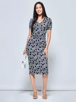 Облегающее платье-миди Jolie Moi с V-образным вырезом и абстрактным принтом, черное с геометрическим рисунком