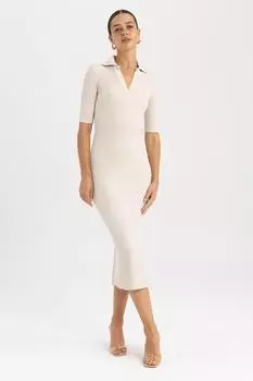 Облегающее платье миди с короткими рукавами и вырезом поло в рубчик DeFacto, бежевый