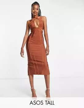 Облегающее платье миди с повязками цвета ржавчины ASOS DESIGN Tall