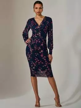 Облегающее платье с цветочной сеткой и рюшами с длинным рукавом Jolie Moi, цвет Navy/Pink