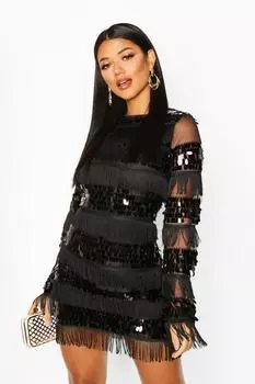 Облегающее платье с пайетками и кистками с длинными рукавами Boohoo, черный