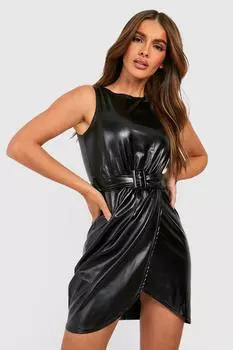 Облегающее платье с поясом из пу Boohoo, черный