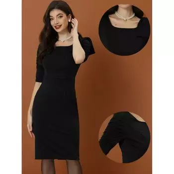 Облегающее платье с рюшами и бантом для женщин, деловое повседневное платье-карандаш с квадратным вырезом и рукавами 3/4 ALLEGRA K, темно-зеленый