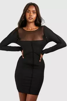 Облегающее платье со швами в рубчик и сетку boohoo, черный