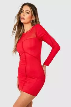 Облегающее платье со швами в рубчик и сетку boohoo, красный