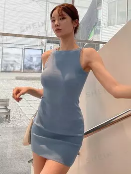 Облегающее платье-свитер, Однотонное, из ребристой трикотажной ткани Dazy, синий