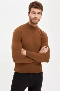 Облегающий свитер с низким воротником Defacto, коричневый