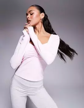 Облегающий топ ASOS DESIGN с длинными рукавами и сборкой на груди в пастельно-розовом цвете