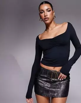 Облегающий топ из полиамида с длинными рукавами и перекрученной деталью на груди черного цвета ASOS DESIGN