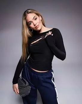 Облегающий топ с длинными рукавами и кружевной отделкой черного цвета ASOS DESIGN