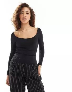 Облегающий топ с длинными рукавами и широким круглым вырезом черного цвета Pimkie