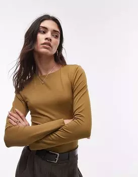 Облегающий топ с длинными рукавами Topshop оливкового цвета