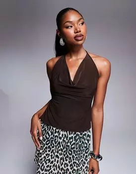 Облегающий топ с воротником-хомутиком и завязкой сзади в шоколадно-коричневом цвете Kaiia