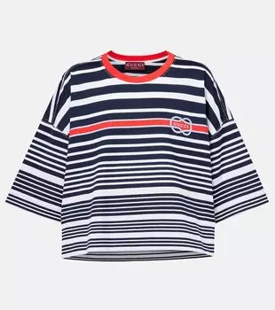 Обрезанная полосатая хлопковая футболка Gucci, White/Blue/Red
