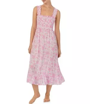 Обслуживание номеров Атласная сорочка с цветочным принтом без рукавов, с прямым вырезом, со сборками, макси-сорочка Room Service, цветочный