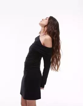 Обтягивающее мини-платье на одно плечо из джерси Topshop черного цвета