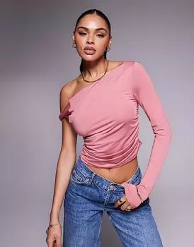 Обтягивающий асимметричный топ с открытыми плечами ASOS DESIGN в цвете пыльной розы