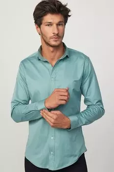 Обычная хлопковая атласная зеленая мужская рубашка Slim Fit из лайкры TUDORS