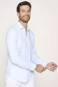 Обычная летняя мужская рубашка из хлопка и льна Slim Fit бирюзового цвета TUDORS