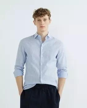 Обычная мужская рубашка из льна Emporio Armani, светло-синий