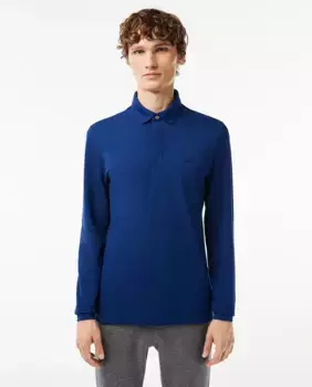 Обычная мужская рубашка-поло черного цвета с длинными рукавами Lacoste, синий