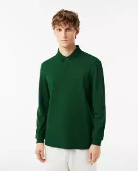 Обычная мужская рубашка-поло черного цвета с длинными рукавами Lacoste, темно-зеленый