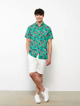 Обычная посадка Мужская рубашка из поплина с коротким рукавом и узором LCW Casual