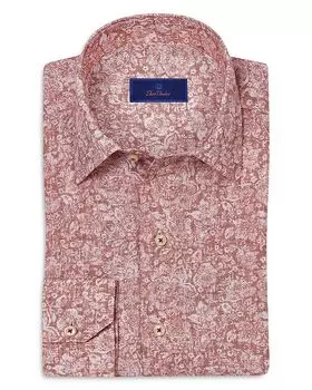 Обычная посадка, текстурированная льняная спортивная рубашка с цветочным принтом David Donahue, красный