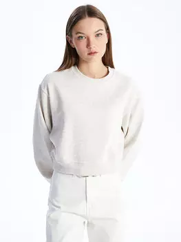 Обычная укороченная женская толстовка с круглым вырезом и длинными рукавами LCW Casual, экрю меланж