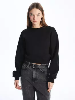 Обычная укороченная женская толстовка с круглым вырезом и длинными рукавами LCW Casual, новый черный